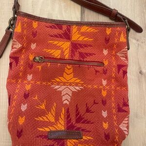 Lucky Brand handbag embroidered burlap leather straps